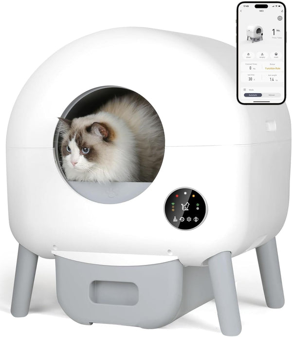 Automatische selbstverpackte Katzenstreubox-100L-Kapazität, App-kontrolliert, umfasst Müllsäcke und Matte, kompatibel mit allen Katzen (weiß).